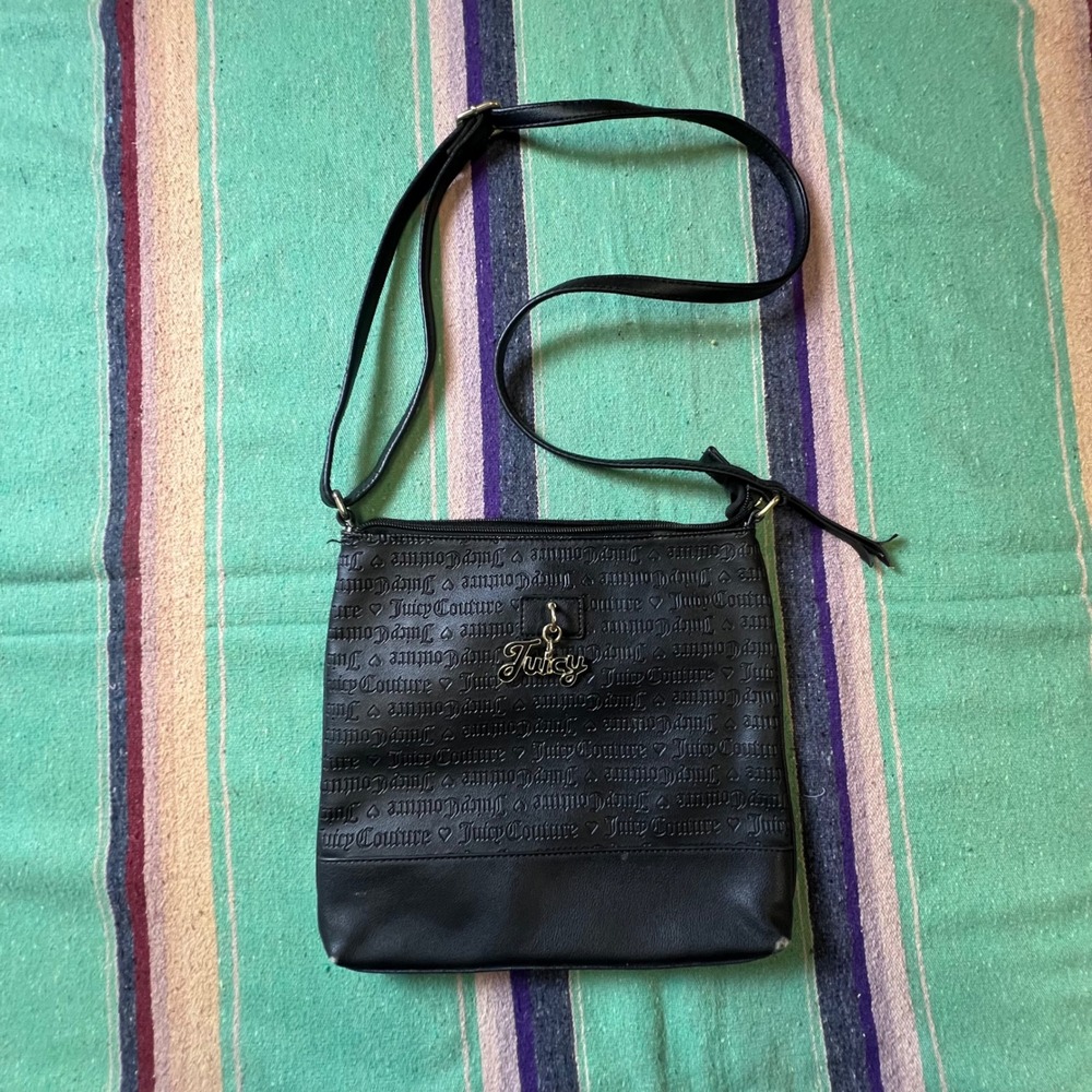 Juicy Couture Crossbody Bag Womens Medium Black Embossed Logo Y2K Charm Purse